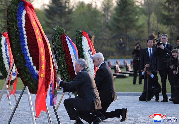 Chairman of the State Duma Vyacheslav Volodin and Minister of Defence of the Russian Federation Andrei Belousov. Opening ceremony of the Memorial Complex and Museum of the Military Deeds of Heroes of Foreign Military Operation. Photo credit: KCNA
