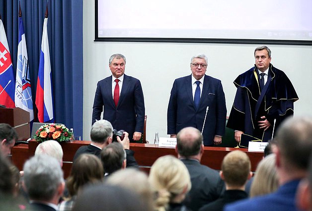 Chairman of the State Duma Viacheslav Volodin, rector of the Moscow State Institute of International Relations of the Russian Federation Ministry of Foreign Affairs Anatoly Torkunov and Speaker of the National Council of the Slovak Republic Andrej Danko