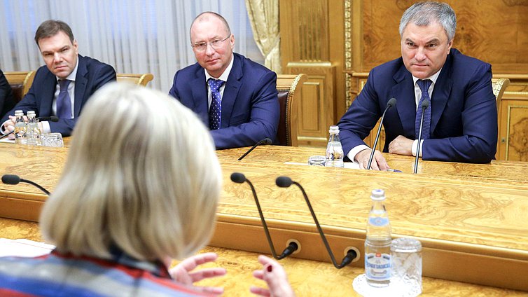 Chairman of the State Duma Viacheslav Volodin, Deputy Chairman of the State Duma Igor Lebedev and Chairman of the Committee on Information Policy, IT and Communications Leonid Levin