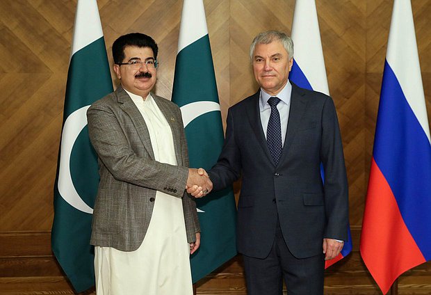 Chairman of the State Duma Vyacheslav Volodin and Chairman of the Senate of the Islamic Republic of Pakistan Muhammad Sadiq Sanjrani