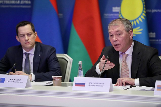 CSTO PA Executive Secretary Sergei Pospelov and Chairman of the Committee on Issues of the Commonwealth of Independent States and Contacts with Fellow Countrymen Leonid Kalashnikov