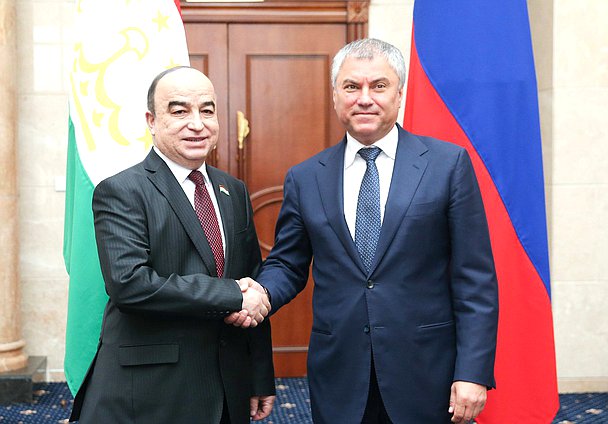 Chairman of Majlisi Namoyandagon of Majlisi Oli of the Republic of Tajikistan Shukurjon Zuhurov and Chairman of the State Duma Viacheslav Volodin