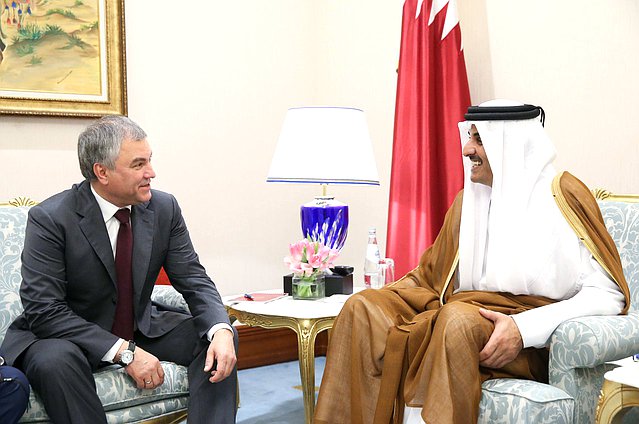 Chairman of the State Duma Viacheslav Volodin and Emir of Qatar Sheikh Tamim bin Hamad Al Thani