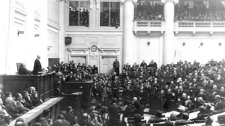 A group of delegates of the Fourth State Duma in a meeting hall in the Tauride Palace. The photo is in the archives in Saint-Petersburg