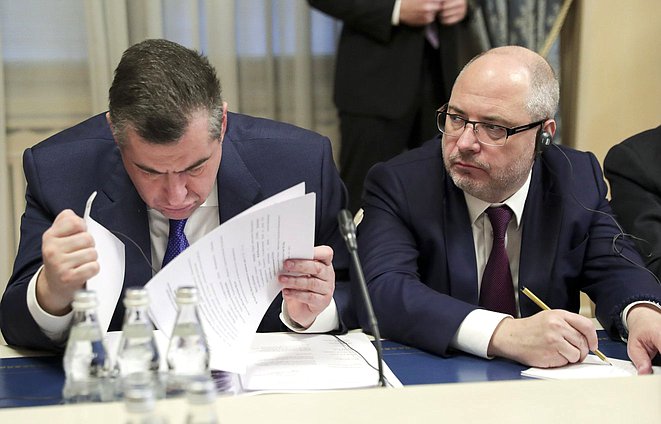 Chairman of the Committee on International Affairs Leonid Slutskiy and Chairman of the Committee on Issues of Public Associations and Religious Organizations Sergei Gavrilov