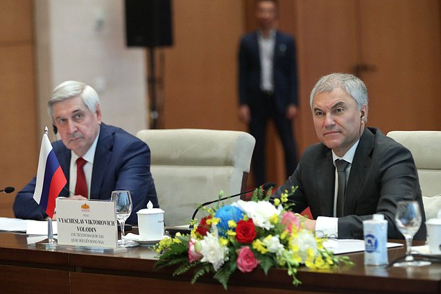 Chairman of the State Duma Vyacheslav Volodin and First Deputy Chairman of the State Duma Ivan Melnikov. 2nd meeting of the Inter-parliamentary Commission on Cooperation between the State Duma and the National Assembly of Vietnam